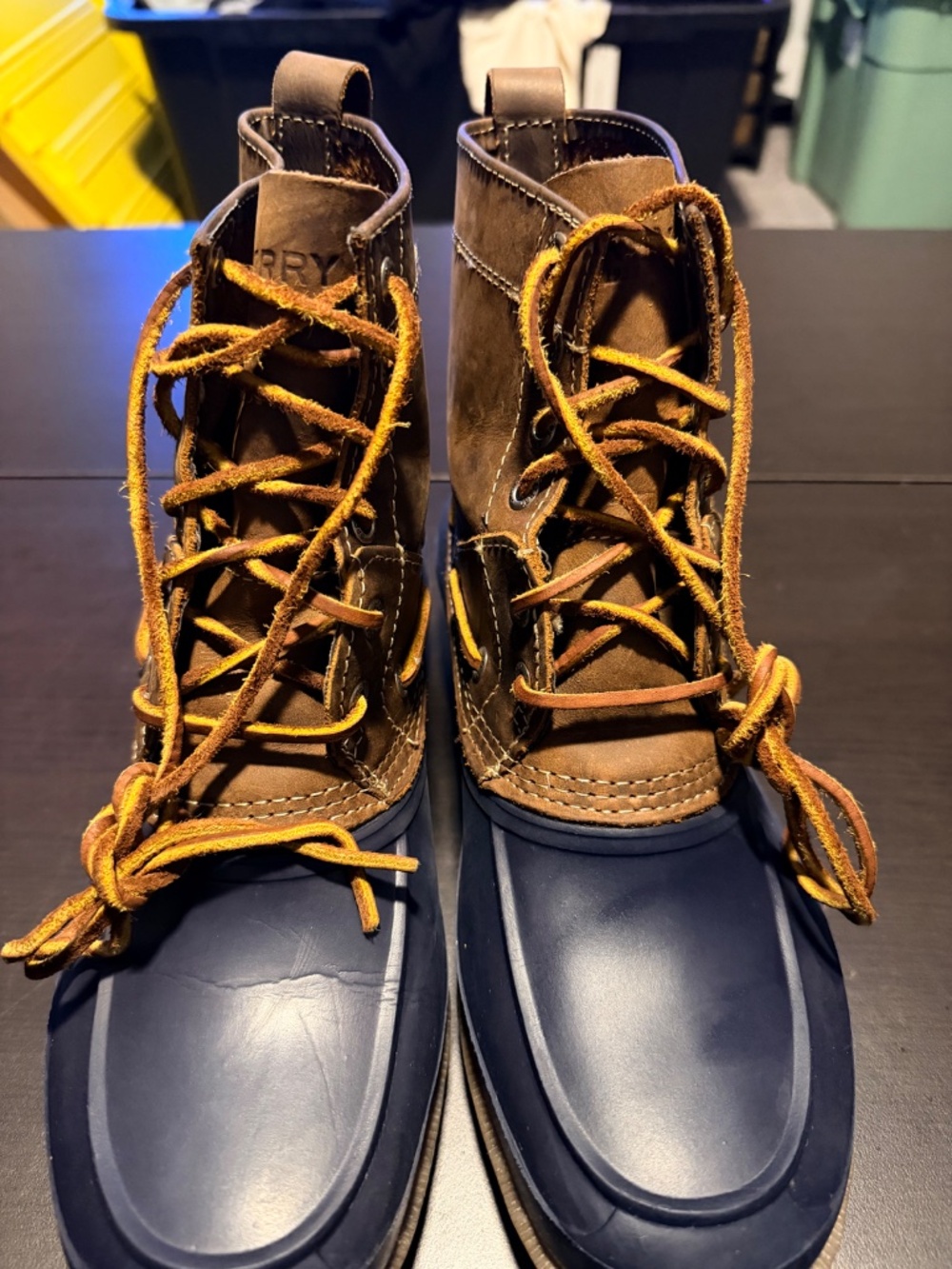 Sperry Men’s Waterproof Brown/Blue Leather & Rubber Lace-Up Duck Boots 8